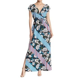 bobeau Blue Black Floral Striped Maxi Dress